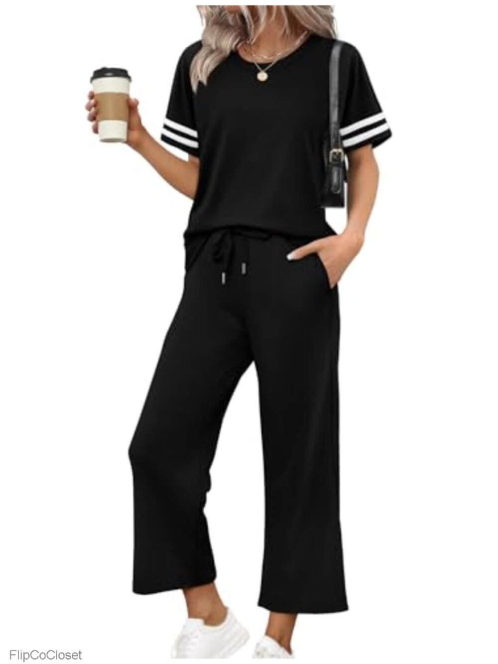 Women's 2 Piece Lounge Set Short Sleeve Top Wide Leg Pants Vacation Outfit
